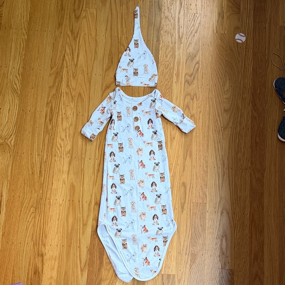 Caden Lane White Baby Gown and Hat Set with Puppy Print